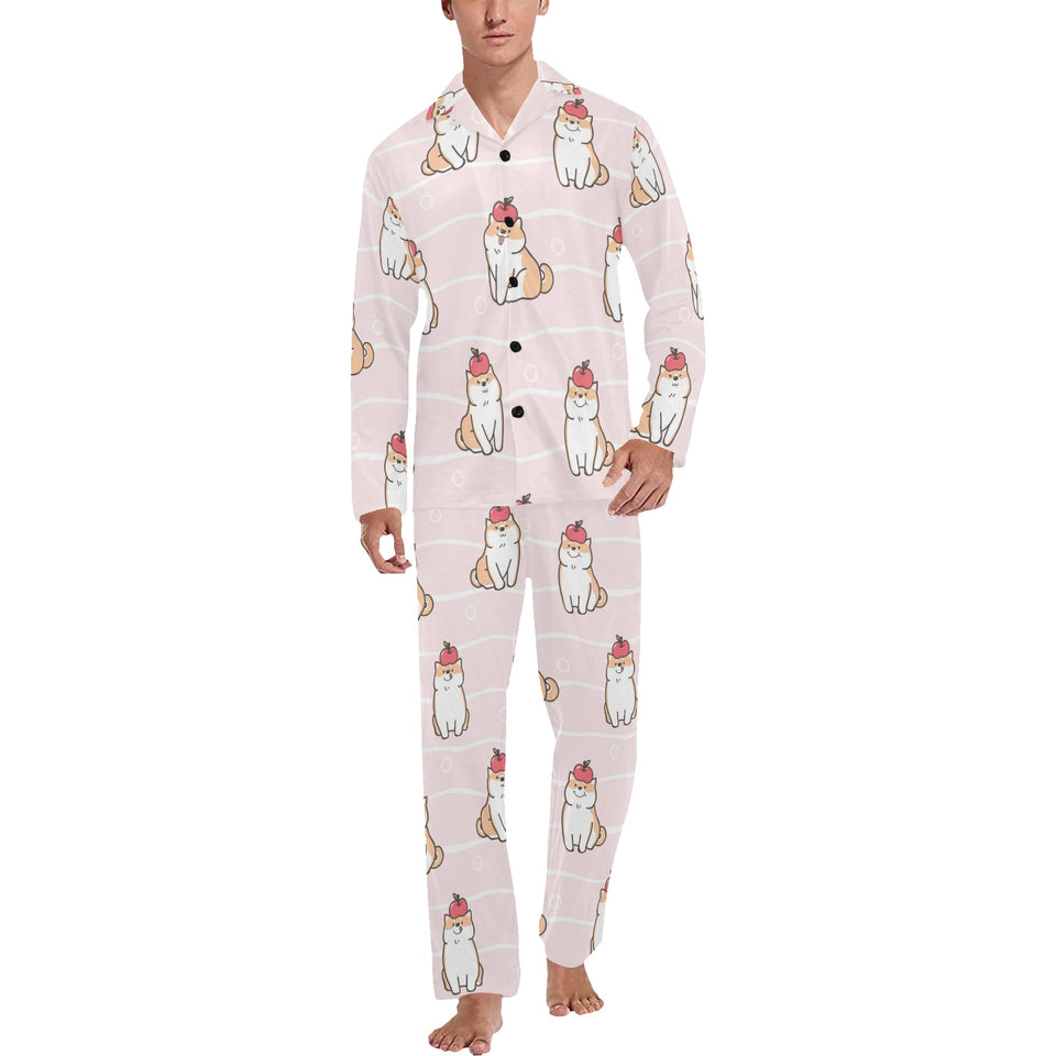 Cute Shiba Inu Dog Apple pattern Men's Long Pajama Set