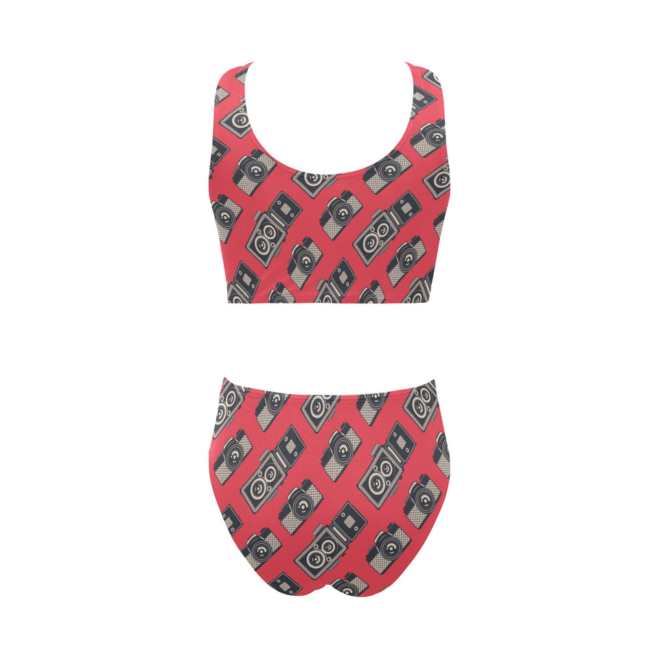 Camera Pattern Print Design 05 Chest Bowknot High Waisted Bikini Swimsuit