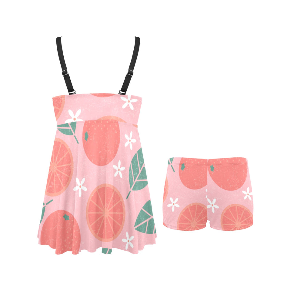 Grapefruit leaves flower pink background Chest Sexy Pleated Two Piece Swim Dress