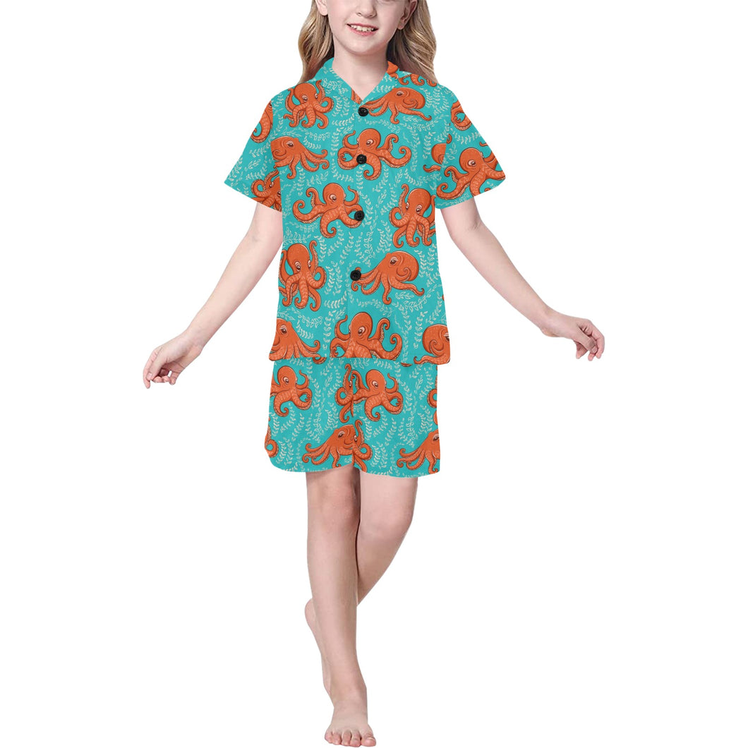 Octopus turquoise background Kids' Boys' Girls' V-Neck Short Pajama Set