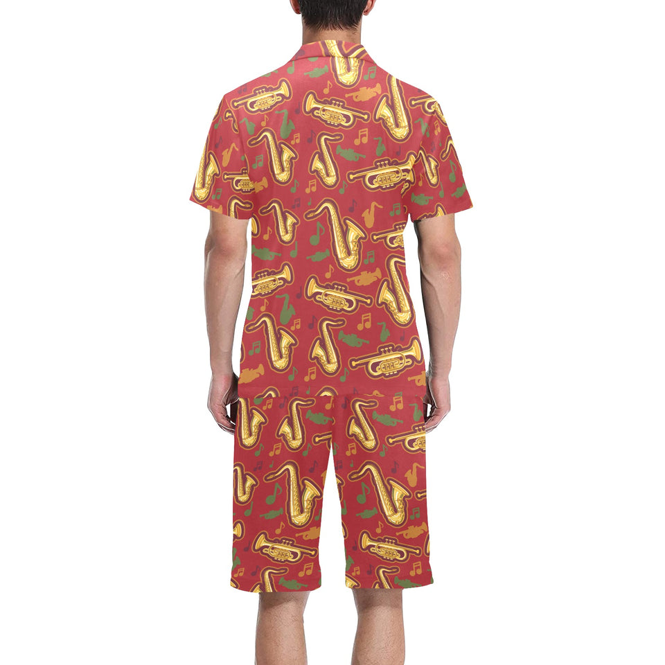 Saxophone cornet pattern red background Men's V-Neck Short Pajama Set