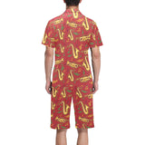 Saxophone cornet pattern red background Men's V-Neck Short Pajama Set