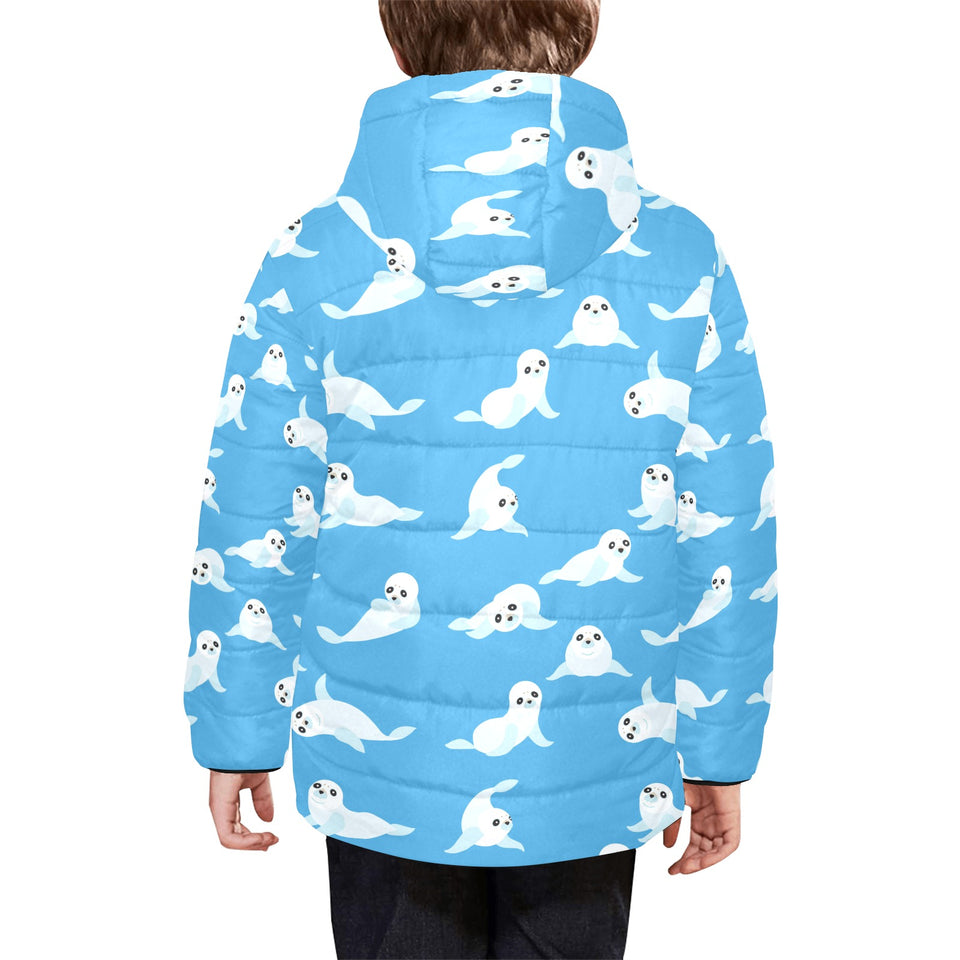 Cute sea lion seal pattern background Kids' Boys' Girls' Padded Hooded Jacket
