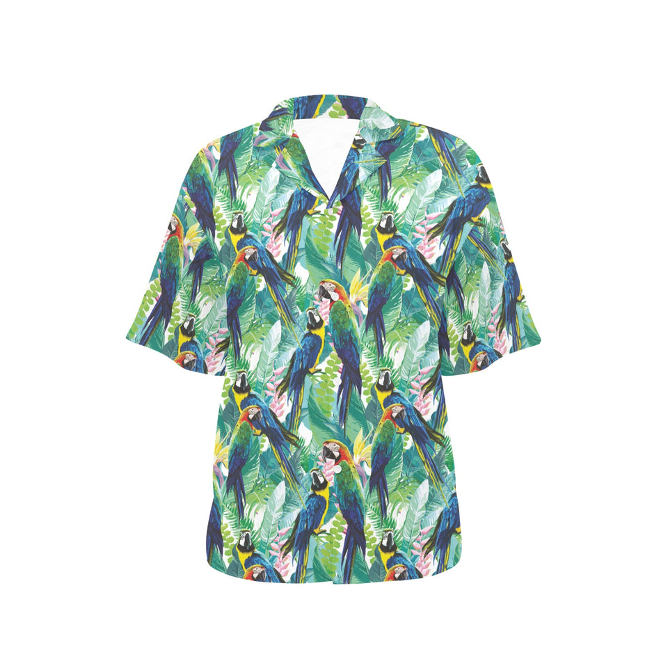 Colorful parrot exotic flower leaves Women's All Over Print Hawaiian Shirt