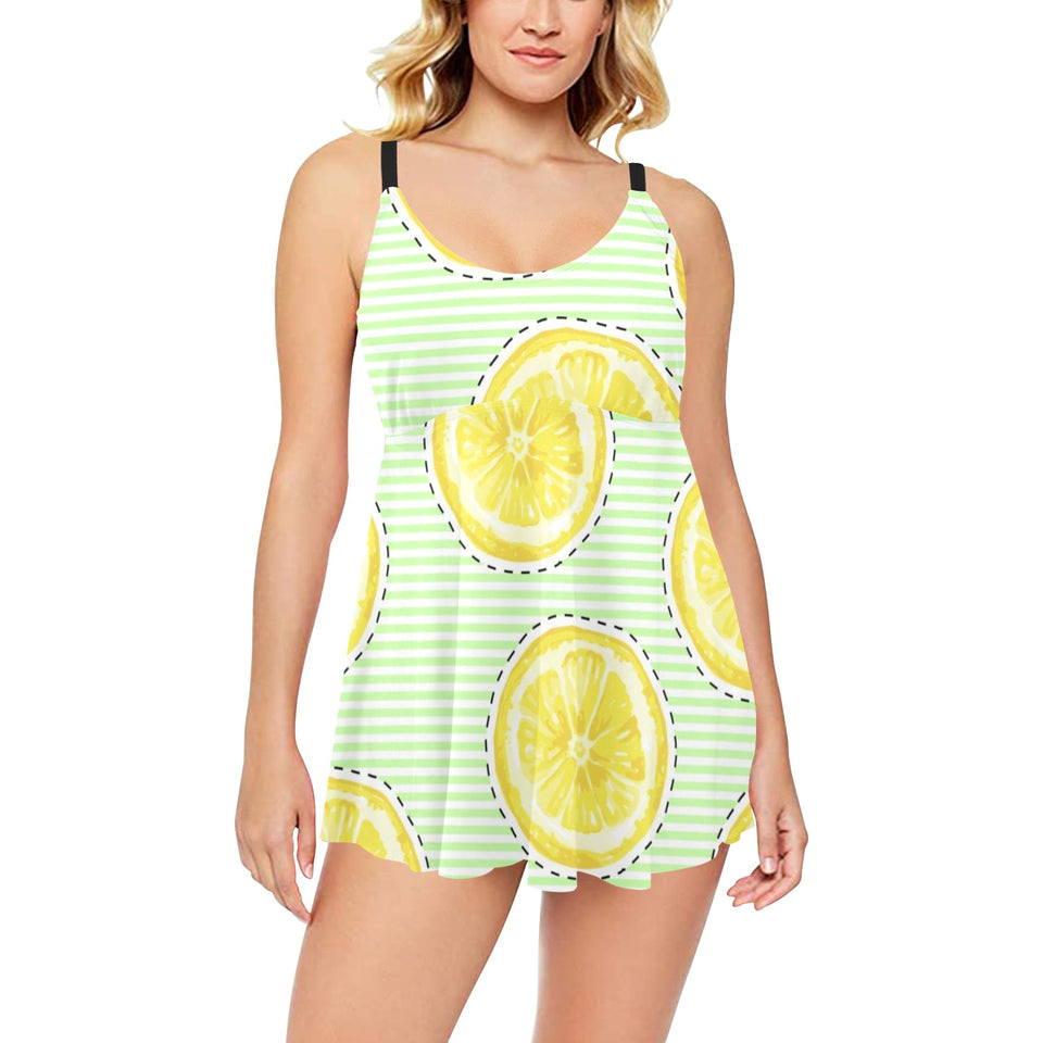 slice of lemon pattern Chest Sexy Pleated Two Piece Swim Dress
