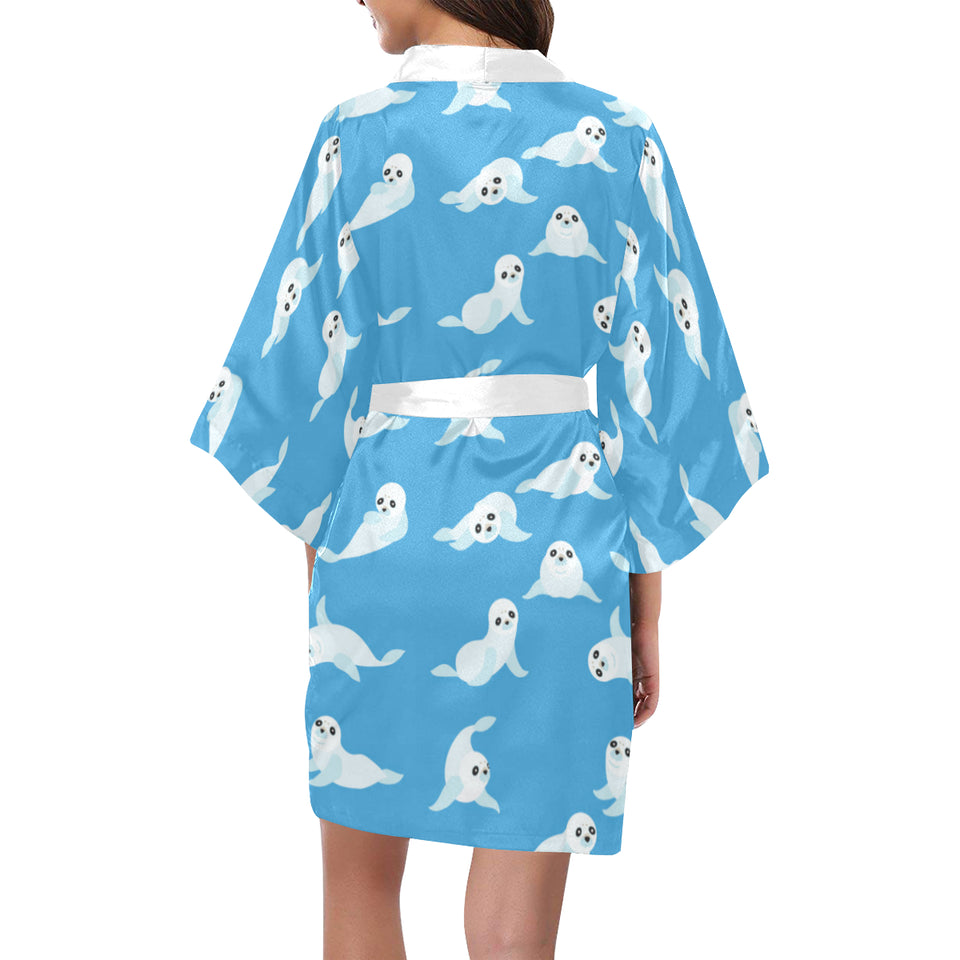 Cute sea lion seal pattern background Women's Short Kimono Robe