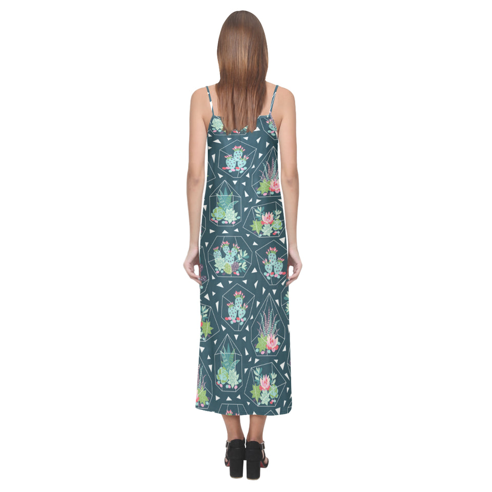 Cactus glass terrarium pattern V-Neck Open Fork Long Dress