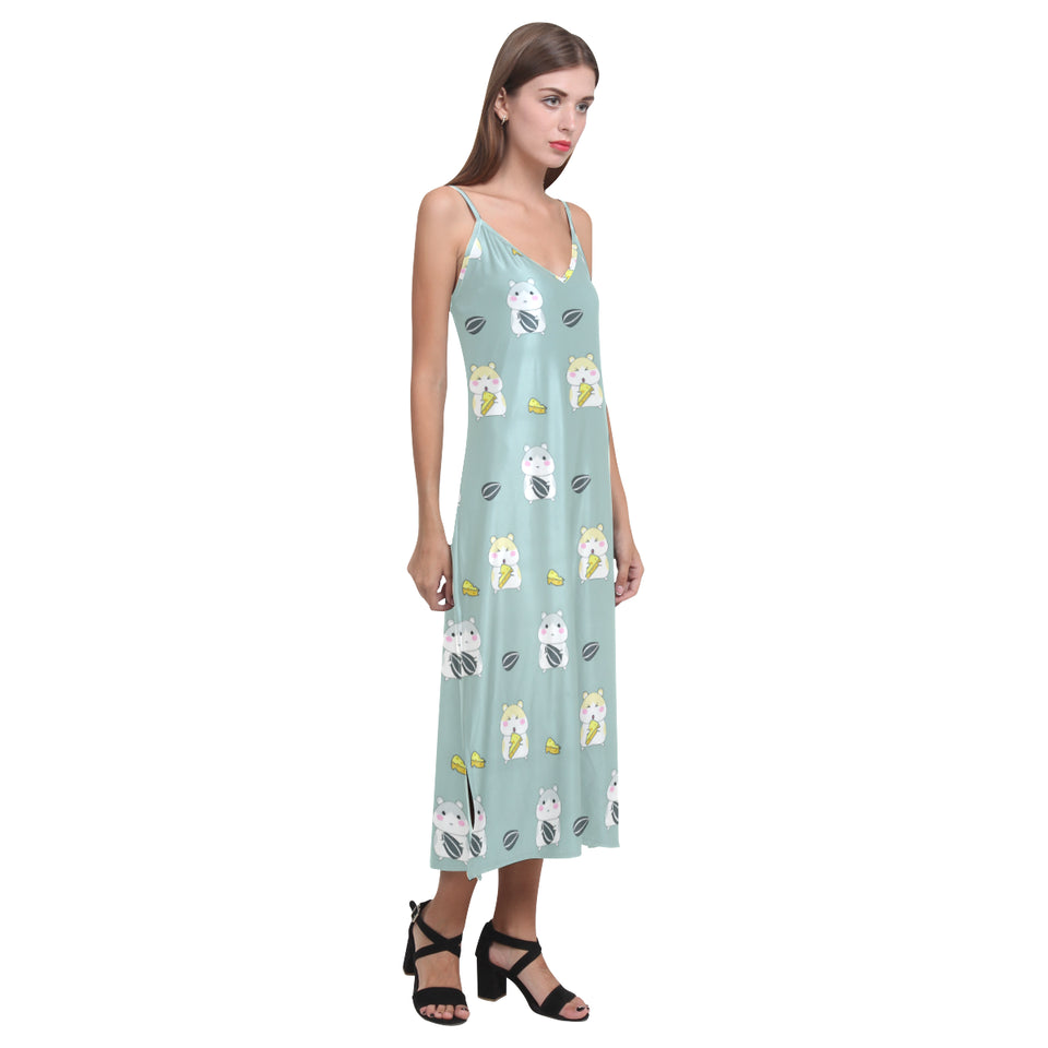 Cute hamster cheese pattern V-Neck Open Fork Long Dress