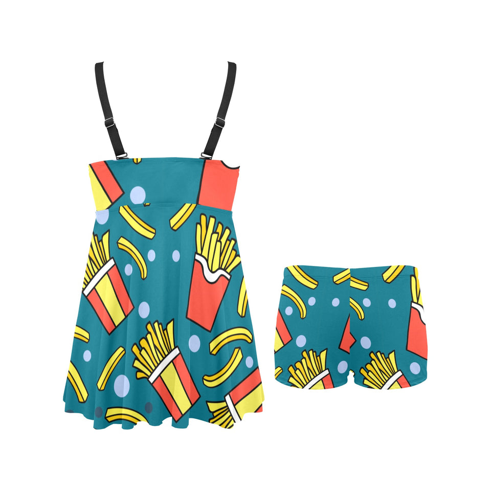 French fries red paper box pattern Chest Sexy Pleated Two Piece Swim Dress