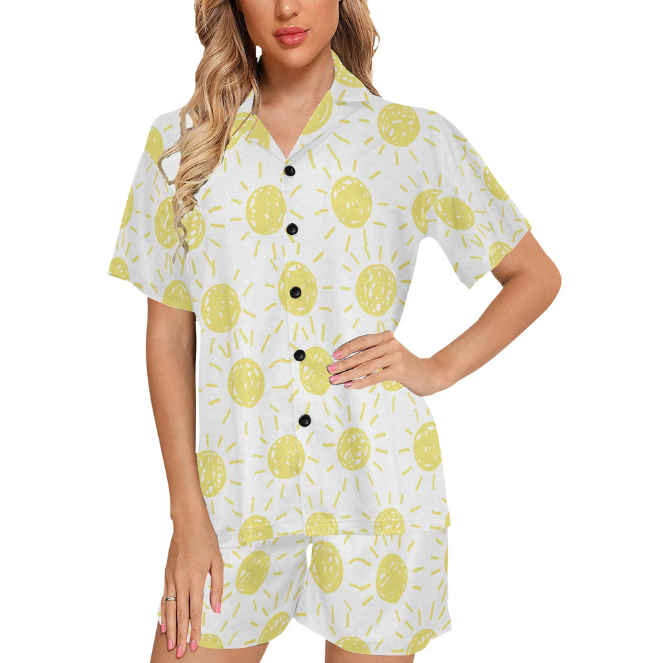 hand drawn sun pattern Women's V-Neck Short Pajama Set