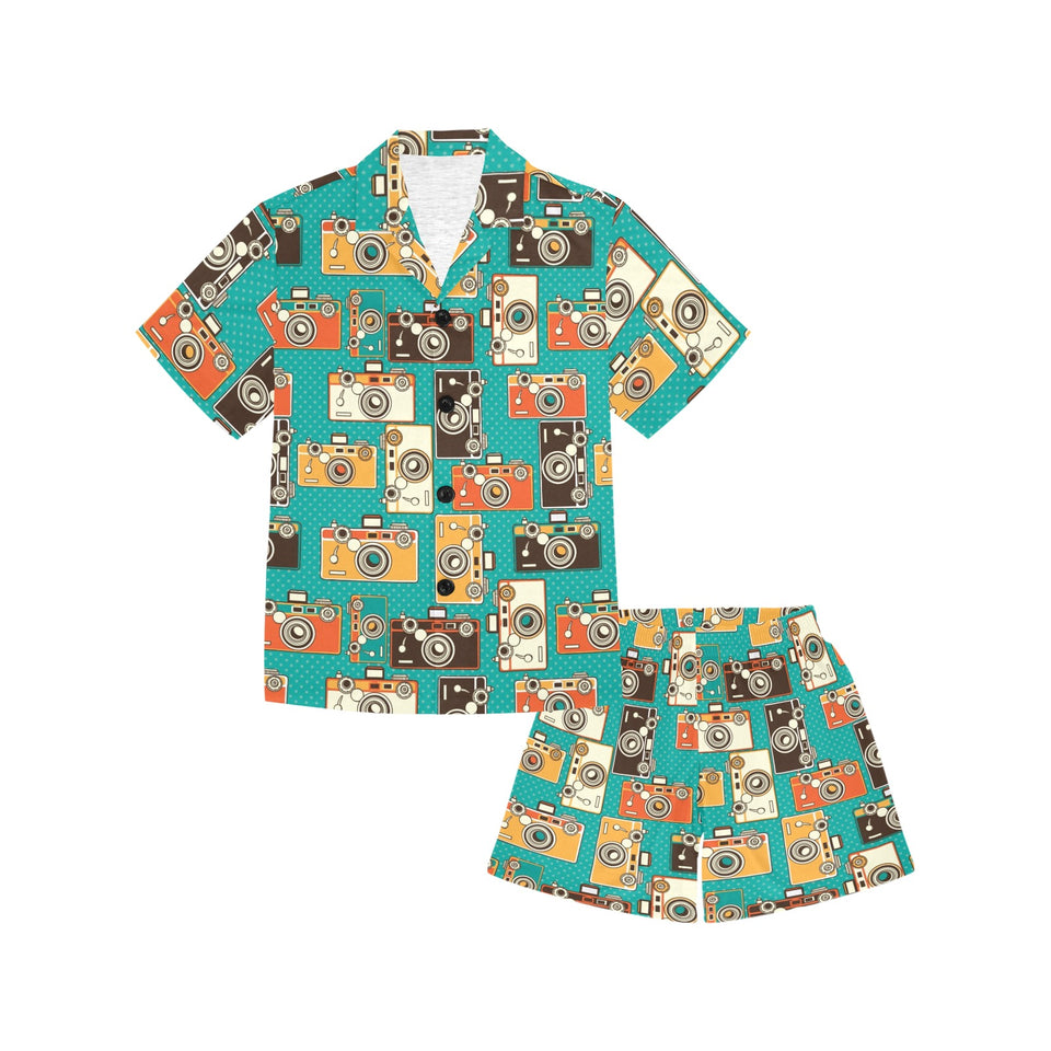 Camera Pattern Print Design 03 Kids' Boys' Girls' V-Neck Short Pajama Set