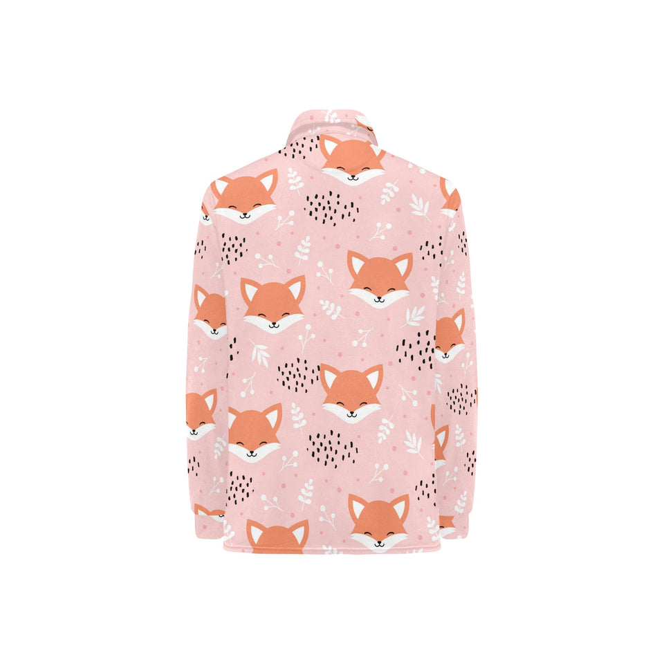 Cute fox pattern pink background Women's Long Sleeve Polo Shirt