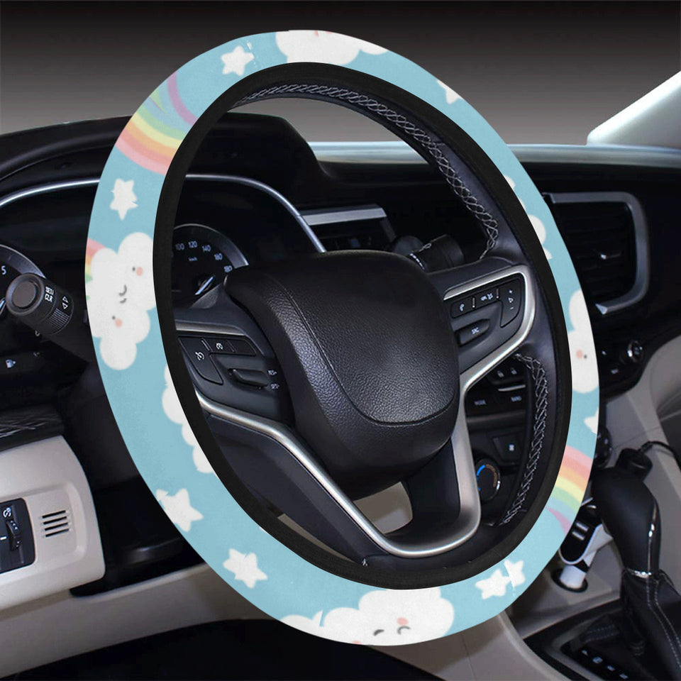Cute rainbow clound star pattern blue background Car Steering Wheel Cover