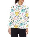 Cute elephants palm tree flower butterfly pattern Women's Long Sleeve Polo Shirt