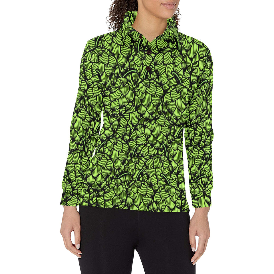 Green hop pattern Women's Long Sleeve Polo Shirt