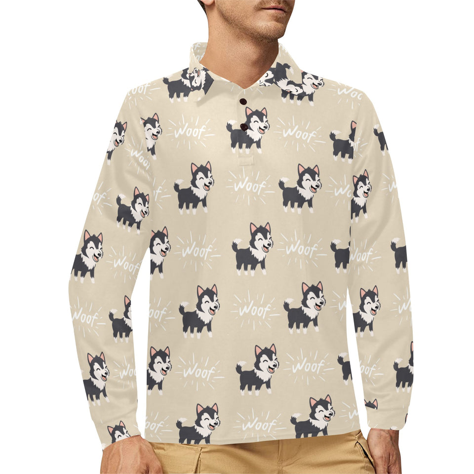 Cute Siberian Husky Men's Long Sleeve Polo Shirt