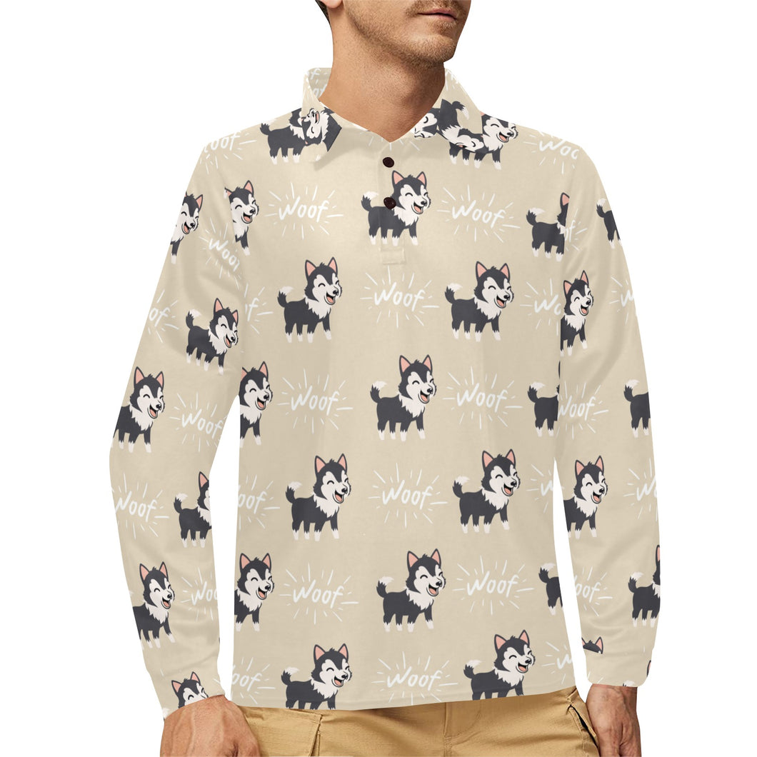 Cute Siberian Husky Men's Long Sleeve Polo Shirt