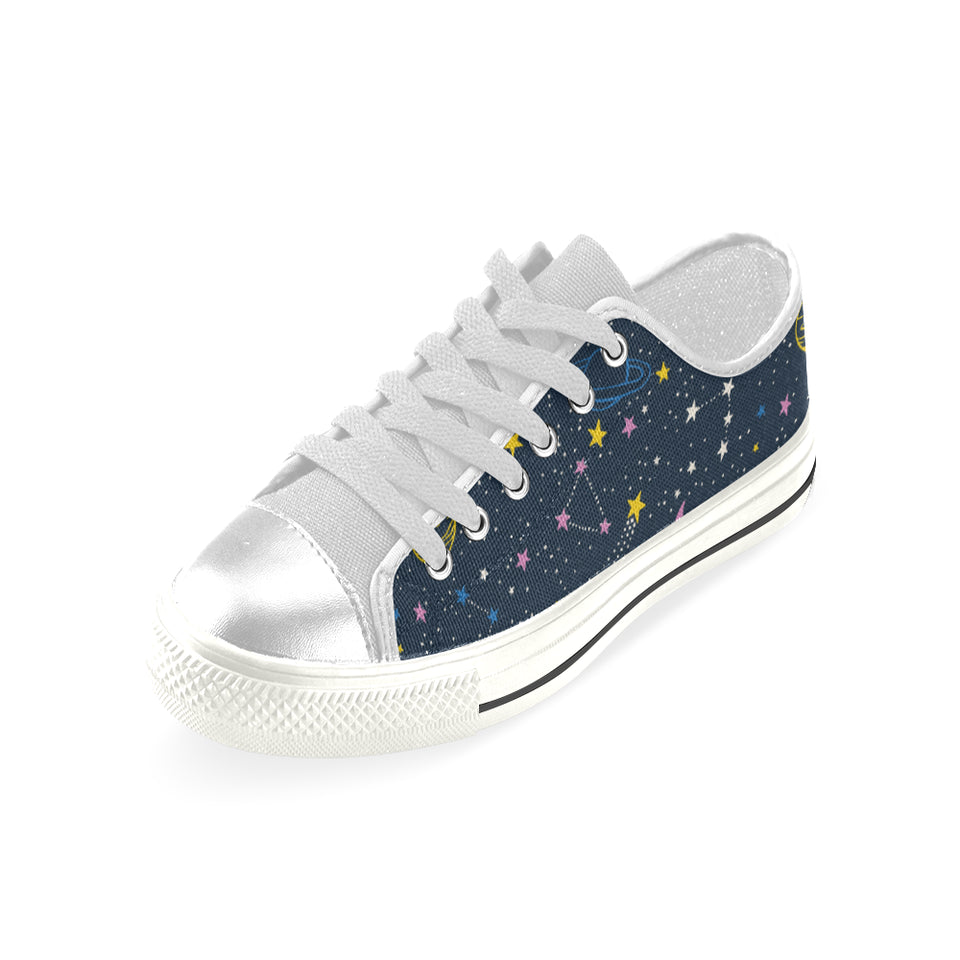 space pattern with planets, comets, constellations Women's Low Top Canvas Shoes White