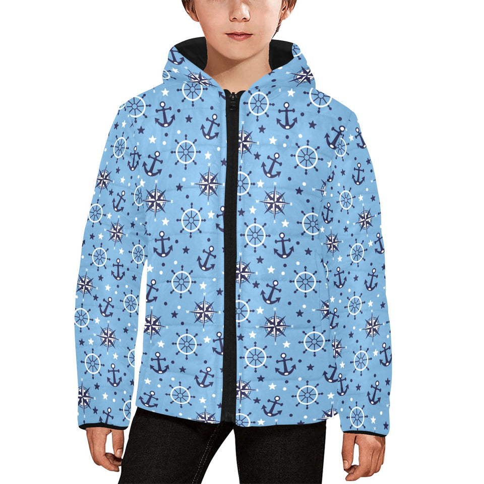 Anchors rudder compass star nautical pattern Kids' Boys' Girls' Padded Hooded Jacket