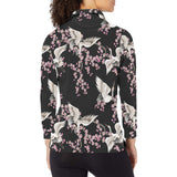 Japanese crane pink sakura pattern Women's Long Sleeve Polo Shirt