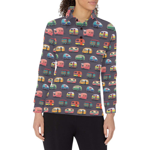 Camper Van Pattern Print Design 02 Women's Long Sleeve Polo Shirt