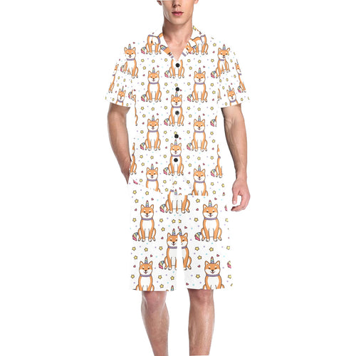 shiba inu unicorn costume horn colorful tail patte Men's V-Neck Short Pajama Set