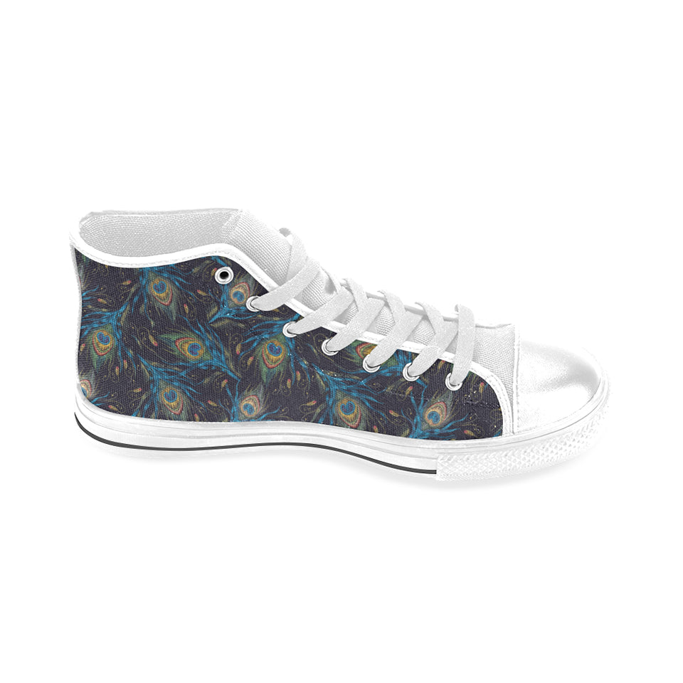 Beautiful peacock feather pattern Men's High Top Canvas Shoes White