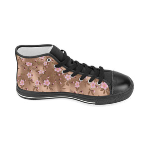 Pink sakura cherry blossom drak brown background Women's High Top Canvas Shoes Black