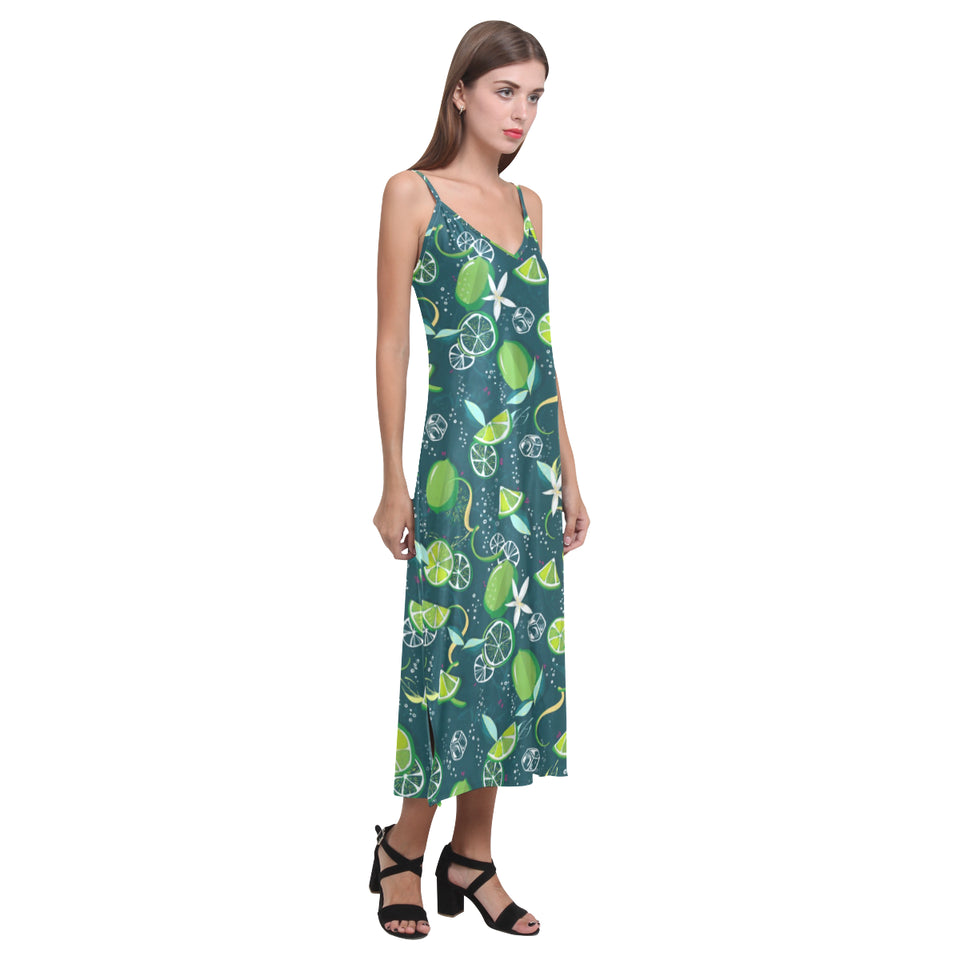 Lime ice flower pattern V-Neck Open Fork Long Dress