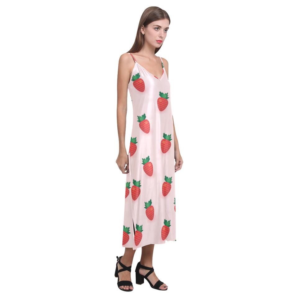 Strawberry beautiful pattern V-Neck Open Fork Long Dress