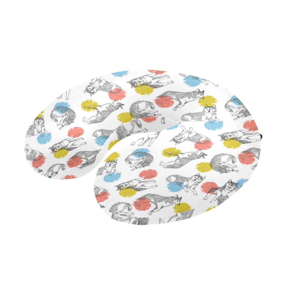 Siberian husky and colorful circle pattern U-Shaped Travel Neck Pillow