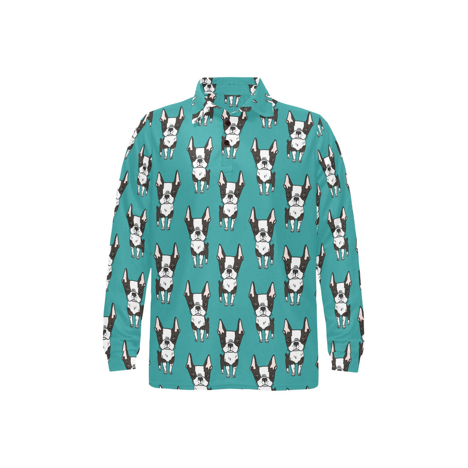 Hand drawn boston terrier dog pattern Men's Long Sleeve Polo Shirt