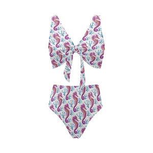 Purple seahorse blue coral pattern Chest Bowknot High Waisted Bikini Swimsuit