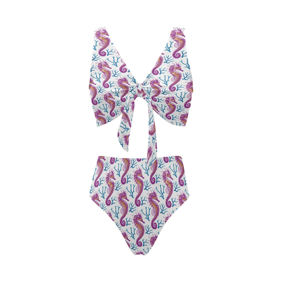Purple seahorse blue coral pattern Chest Bowknot High Waisted Bikini Swimsuit