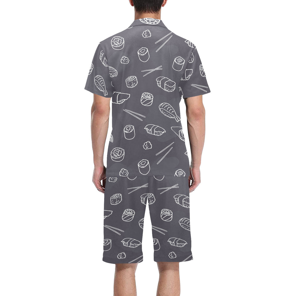 sushi pattern black background Men's V-Neck Short Pajama Set
