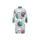 Bowling ball and pin gray background Men's Long Sleeve Belted Night Robe