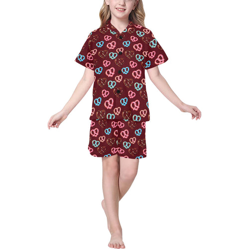 Pretzels Pattern Print Design 05 Kids' Boys' Girls' V-Neck Short Pajama Set