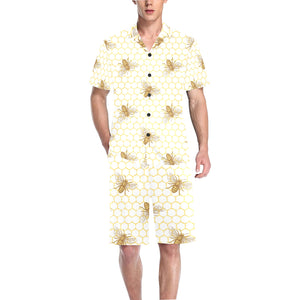 Bee honeycomb seamless design pattern Men's V-Neck Short Pajama Set