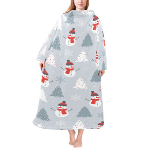Snowman christmas tree snow gray background Blanket Robe with Sleeves
