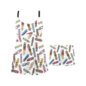 Skate Board Pattern Print Design 05 Chest Sexy Pleated Two Piece Swim Dress