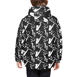 Saxophone music notes treble clef black white them Kids' Boys' Girls' Padded Hooded Jacket