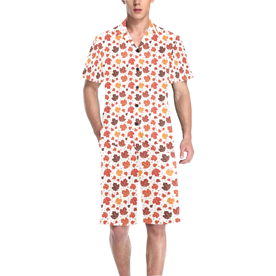 Colorful Maple Leaf pattern Men's V-Neck Short Pajama Set