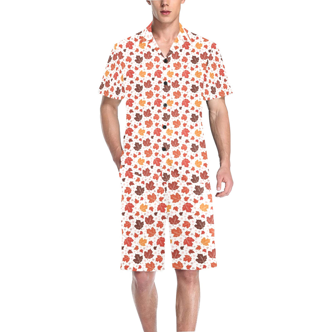 Colorful Maple Leaf pattern Men's V-Neck Short Pajama Set