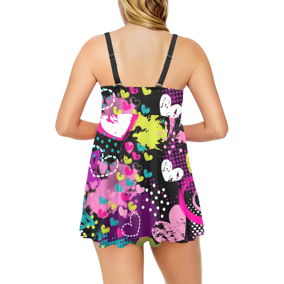 heart dot wave star creative design pattern Chest Sexy Pleated Two Piece Swim Dress