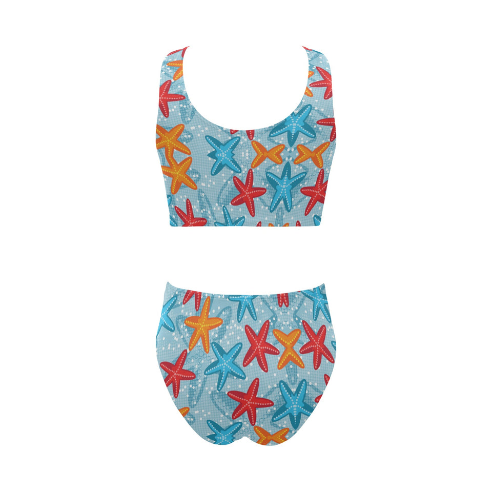Blue red orange starfish pattern Chest Bowknot High Waisted Bikini Swimsuit