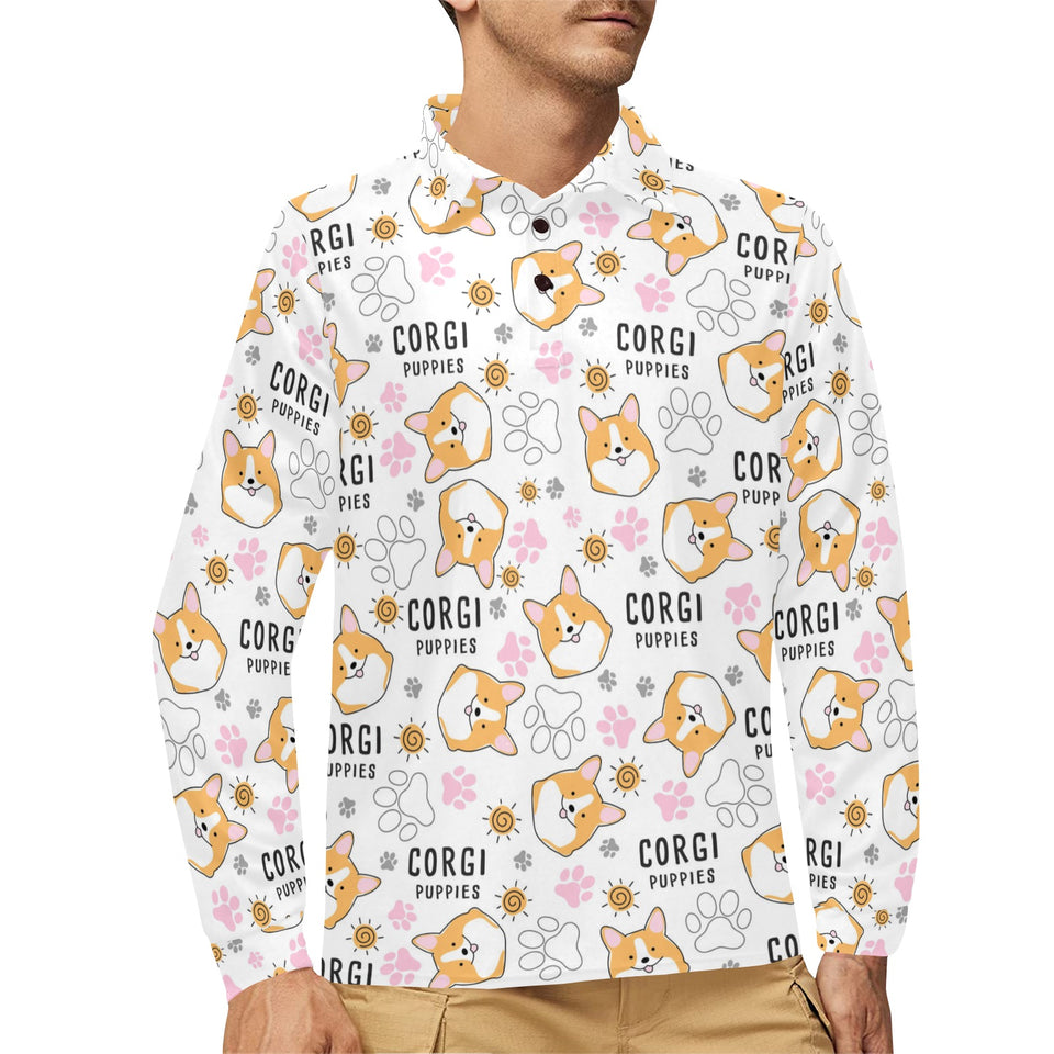 Corgi Dog Pattern Men's Long Sleeve Polo Shirt