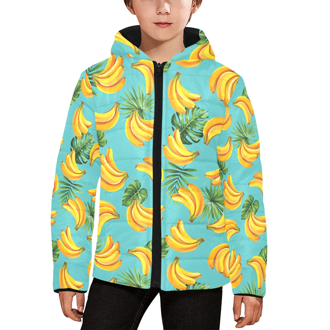 Banana Palm Leaves pattern background Kids' Boys' Girls' Padded Hooded Jacket