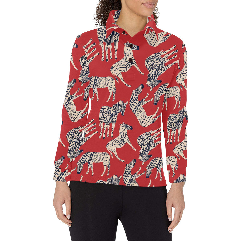 Zebra abstract red background Women's Long Sleeve Polo Shirt