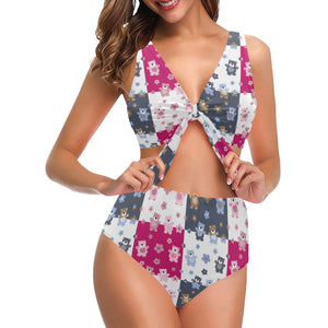 Teddy Bear Pattern Print Design 03 Chest Bowknot High Waisted Bikini Swimsuit