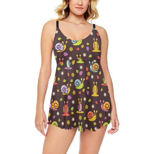 Snail Pattern Print Design 02 Chest Sexy Pleated Two Piece Swim Dress